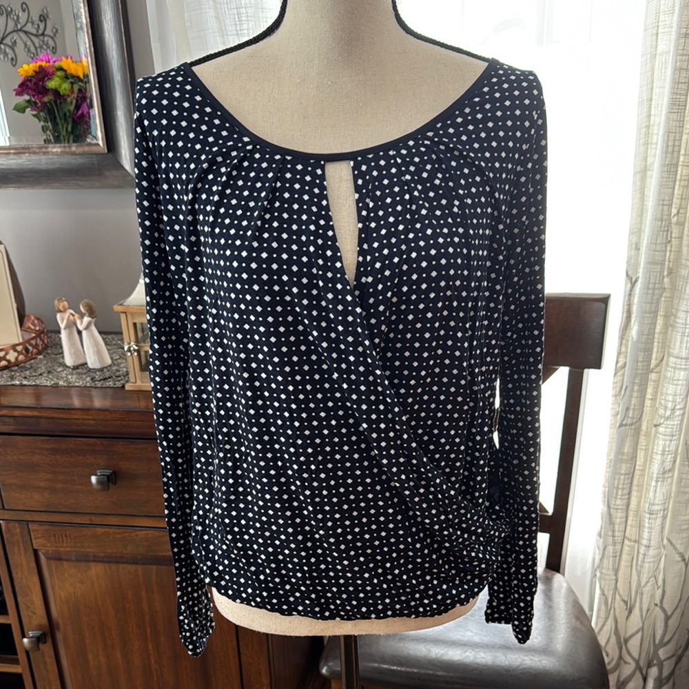 Blue and White Asymmetrical Blouse with Cut Out